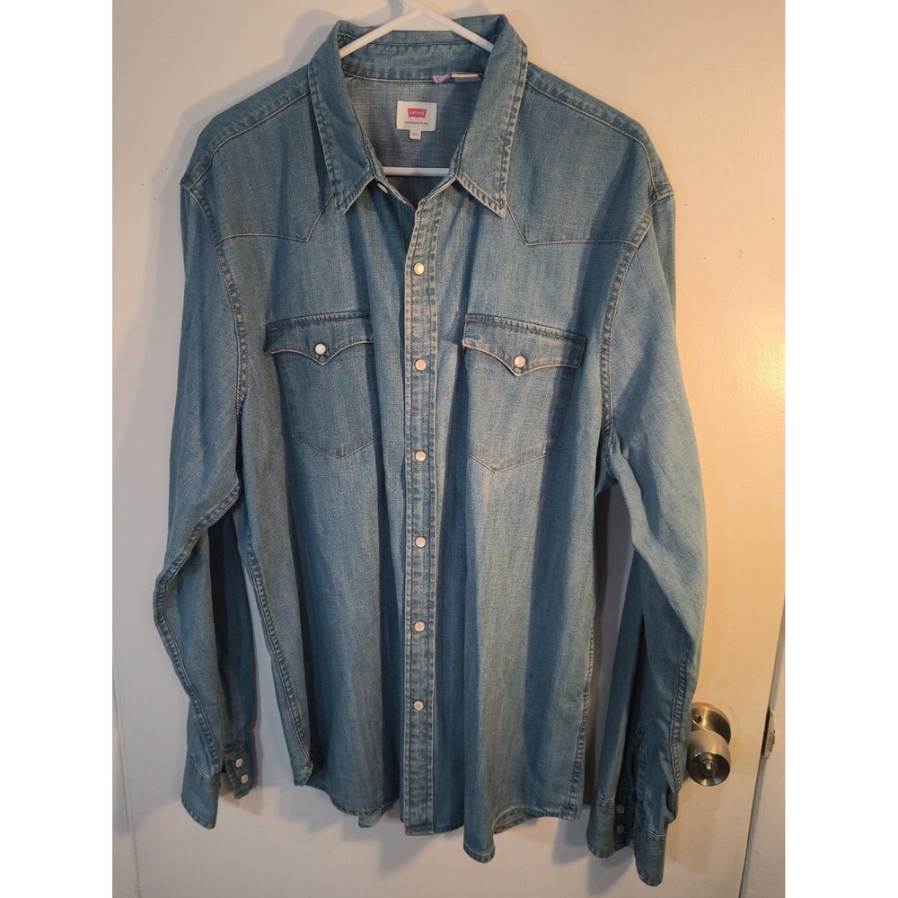 Levis Mens XXL Western Denim Shirt Light Wash Blue Pearl Snap Button Up